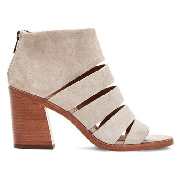 $328 Frye Tash Grey Suede Real Leather Cut Out Strappy Wood PeepToe Ankle Bootie - Picture 2 of 10